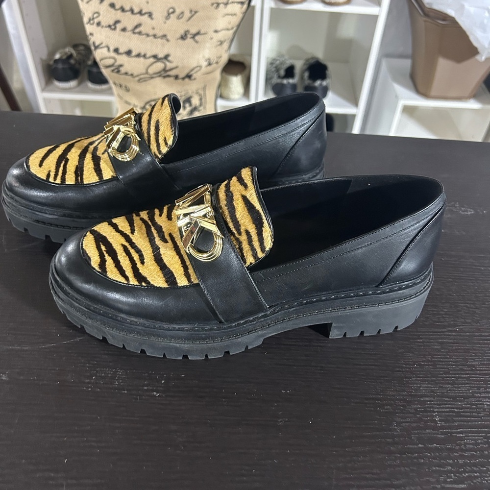 Michael Kors Black and Gold Tiger Print Loafers - Picture 2 of 9
